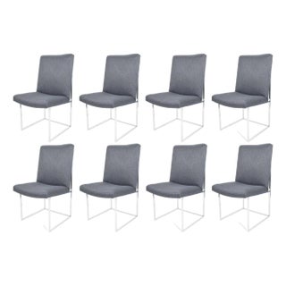 Milo Baughman Style Chrome Dining Chairs in Holly Hunt Blue Alpaca For Sale