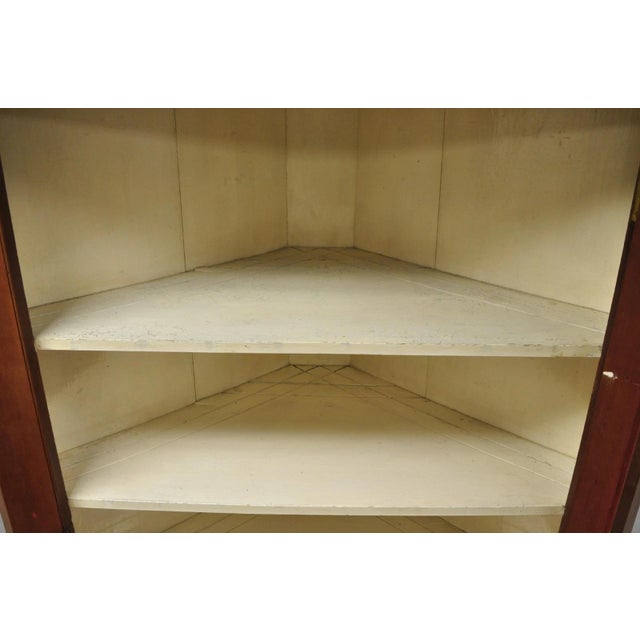 Antique Colonial Primitive Cherry Wood Glass Front Corner China Cabinet Cupboard For Sale - Image 14 of 18