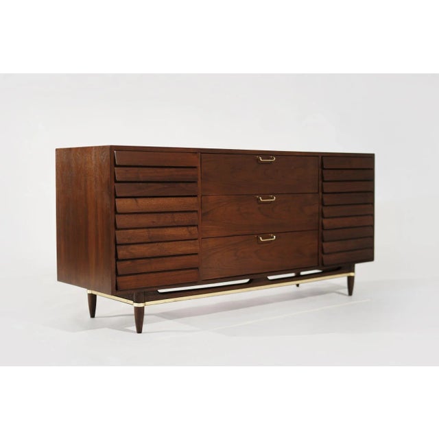 Mid 20th Century Mid Century Modern Walnut Dresser With Brass Accents, C. 1950s For Sale - Image 5 of 12
