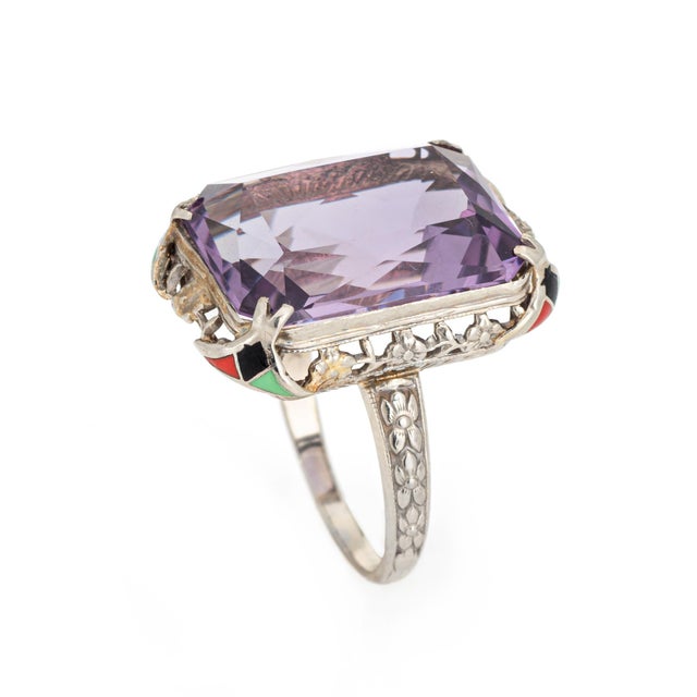 Art Deco Early 20th Century Vintage Art Deco Amethyst Ring Enamel Cocktail 14k Gold Filigree Jewelry Size 7 For Sale - Image 3 of 7