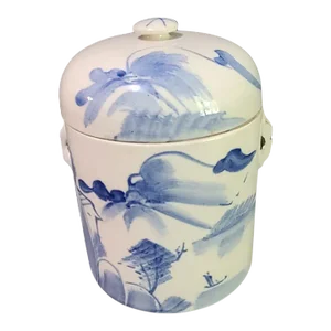 Vintage Chinese Porcelain Blue & White Landscape Tea Caddy or Storage Jar