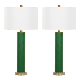 31.5 Inch H Faux Woven Leather Table Lamp in Dark Green - a Pair For Sale