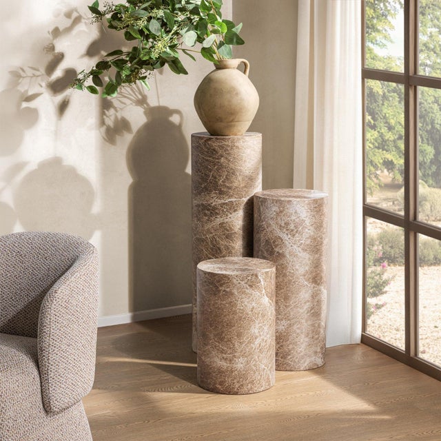 2020s Taupe Faux Marble End Table / Pedestal Medium For Sale - Image 5 of 5