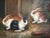 A delightful original vintage oil painting on wood board, signed R. Mario, depicting three adorable rabbits gathered in a...