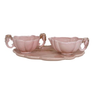 Mid 20th Century Pink Ceramic 3pc Set Tray Sugar Creamer With Gold Sea Horse Handle Design For Sale