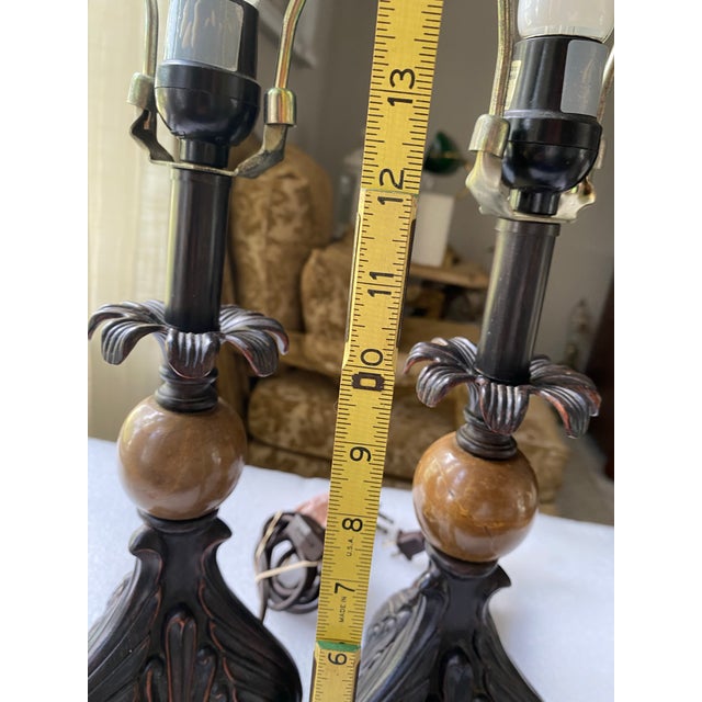 Bronze Vintage Pair of Ornate Table Lamps With Polished Natural Stone Spheres, Dark Bronze & Brass Finish, Traditional European Style For Sale - Image 8 of 10