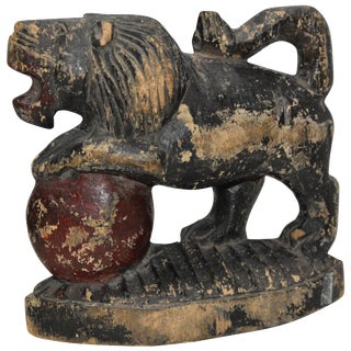 Early 19th Century Antique Wooden Lion on Red Ball Carving For Sale