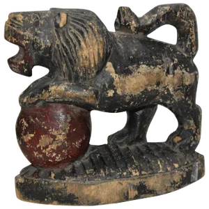 Early 19th Century Antique Wooden Lion on Red Ball Carving