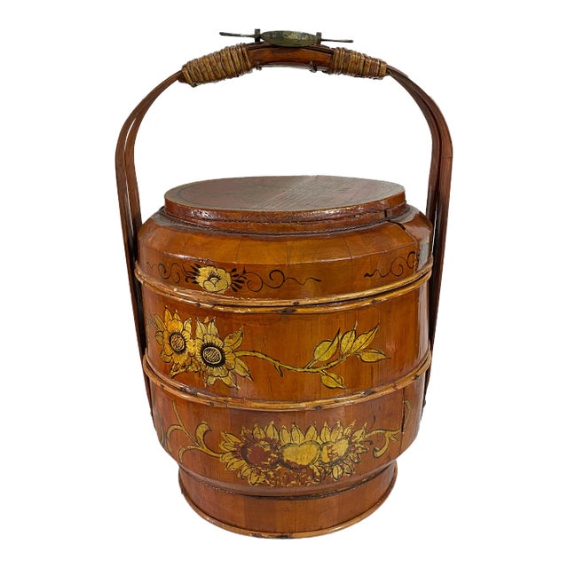 Antique Chinese Round Wedding Basket Two Tier 18” Tall For Sale