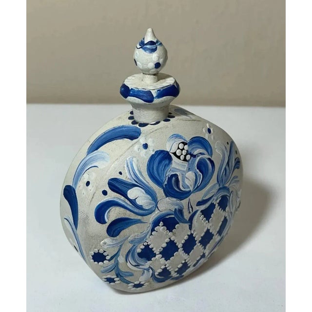 Folk Art Late 19th Century European Folk Art Delft Style Blue White Floral Painted Wood Perfume Flask Bottle For Sale - Image 3 of 10