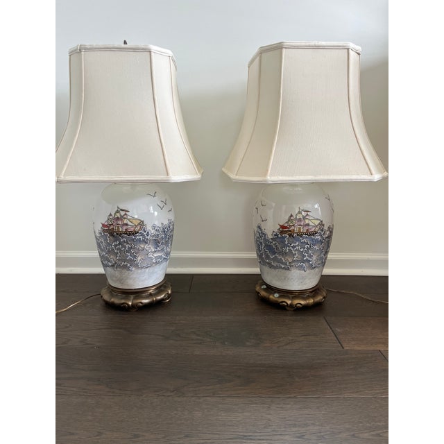 Exceptional and increasingly hard-to-find pair of vintage Maitland-Smith porcelain table lamps, made in Hong Kong and...