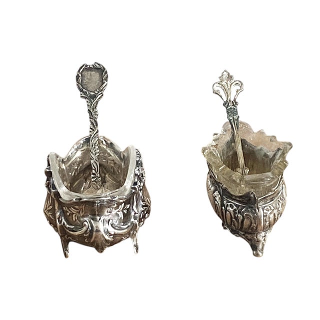 Antique Silver Glass Open Salt or Pepper Set of Two With Spoons For Sale - Image 10 of 11