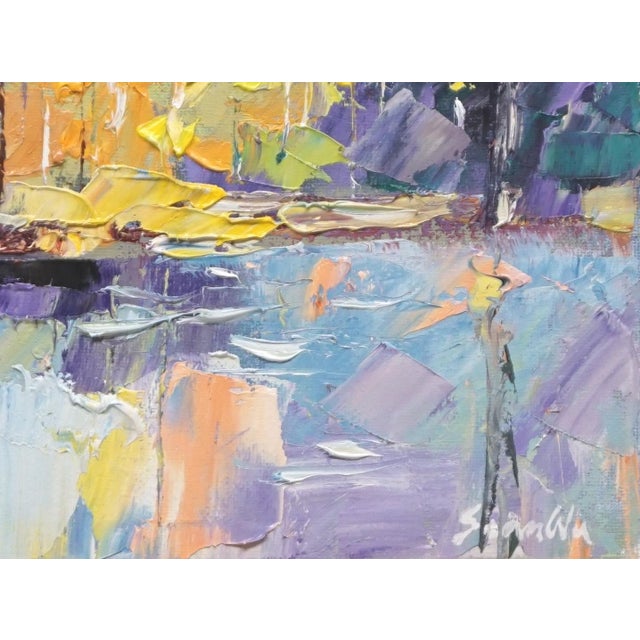 Original oil landscape by Sean Wu, Golden sunlight glimmers by the lakeside amidst the fall colors