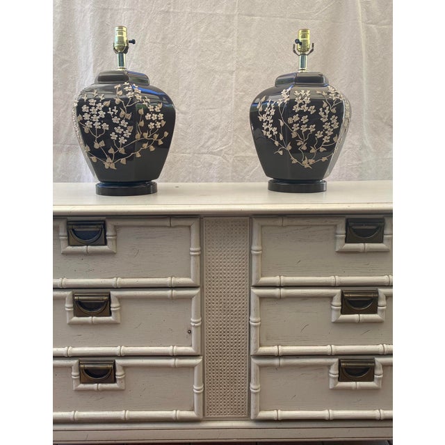 Brown Cocoa Ginger Jar Lamps With Raised Floral Relief and Shades - a Pair For Sale - Image 8 of 13