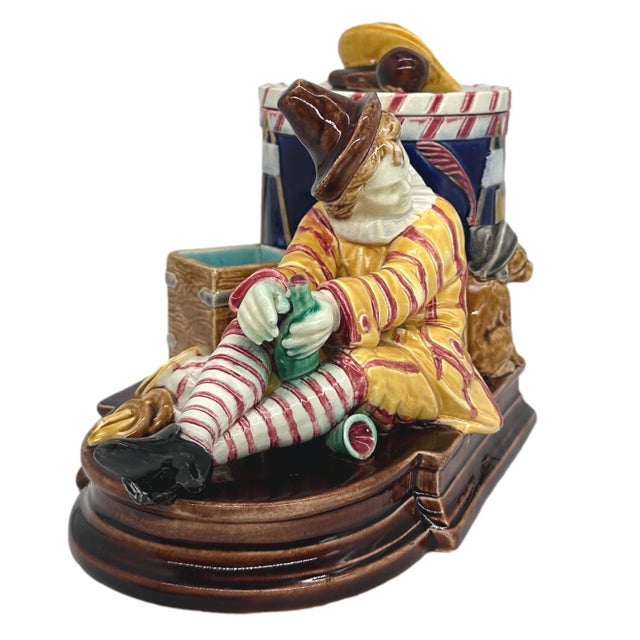 Traditional A Sarreguemines Majolica Smoking Stand, Drunk Street Musician and Dog, Ca. 1880 For Sale - Image 3 of 12