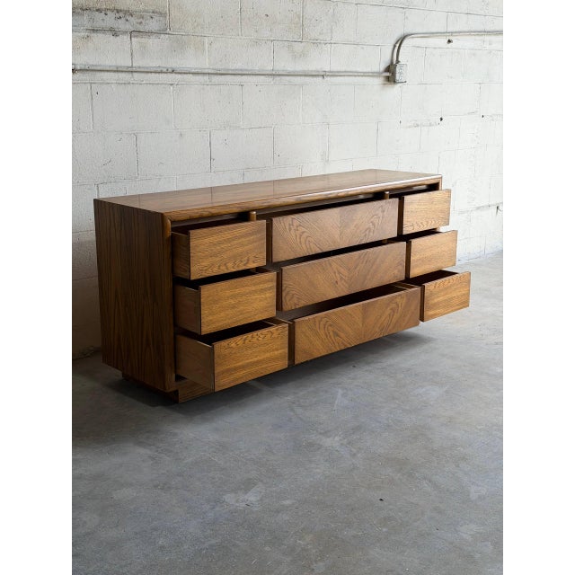 Mid-Century Modern Mid Century Modern Lane Oak Dresser 9 Drawer Geometric Front Low Credenza For Sale - Image 3 of 10