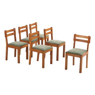 Six French Solid Oak Dining Chairs Attributed to Charles Dudouyt, C. 1945 For Sale
