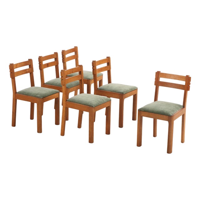 Six French Solid Oak Dining Chairs Attributed to Charles Dudouyt, C. 1945 For Sale