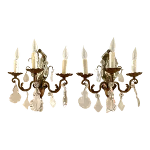 Pair of French 3-Arm Candelabra Crystal Mirror Sconces