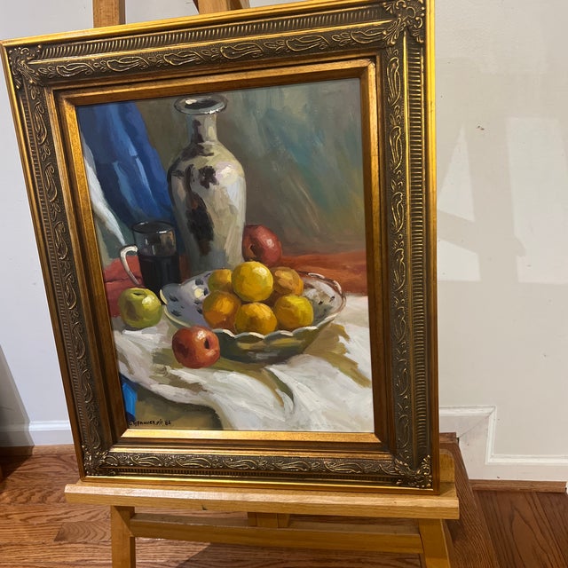 Blue 20th Century European School Impressionist Oil on Artist Board Tabletop Still Life Vase and Fruits Framed Signed For Sale - Image 8 of 9