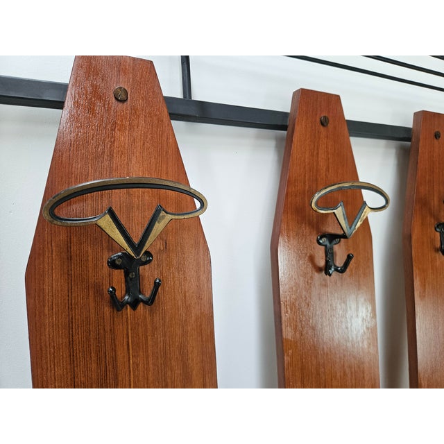 1960s Iron and Teak Wall Coat Rack with Brass Hangers, 1960 For Sale - Image 5 of 10