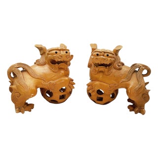 Mid 20th Century Chinese Export Carved Wood Guardian Foo Dog Statue, Pair For Sale