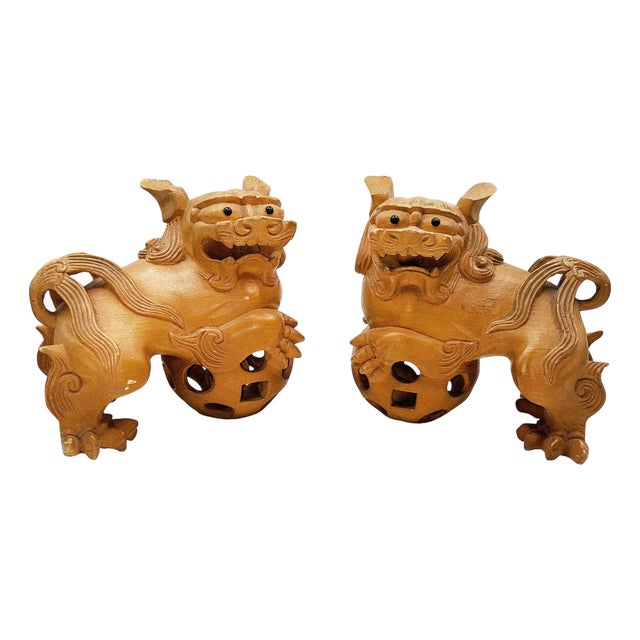 Mid 20th Century Chinese Export Carved Wood Guardian Foo Dog Statue, Pair For Sale
