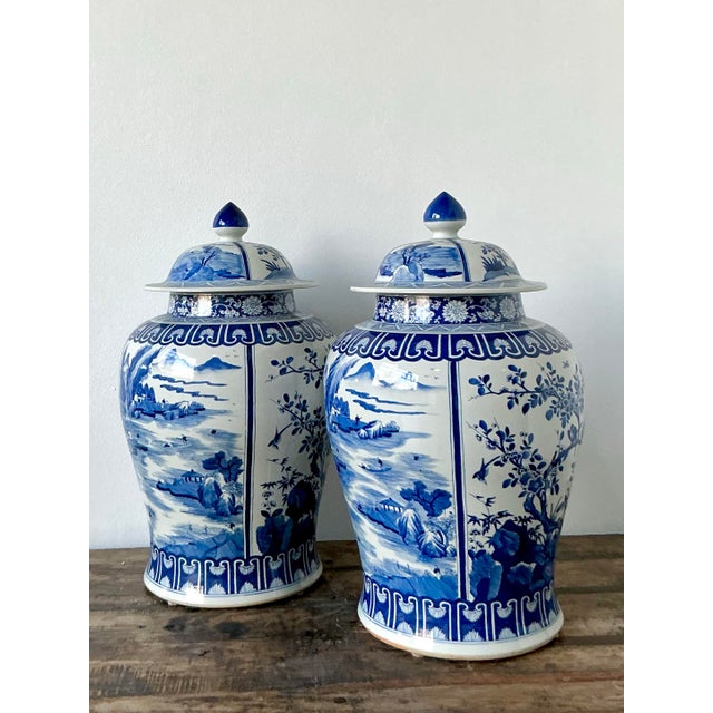 Vintage Boho Monumental Blue and White Lidded Ginger Jars - A Pair For Sale In West Palm - Image 6 of 8