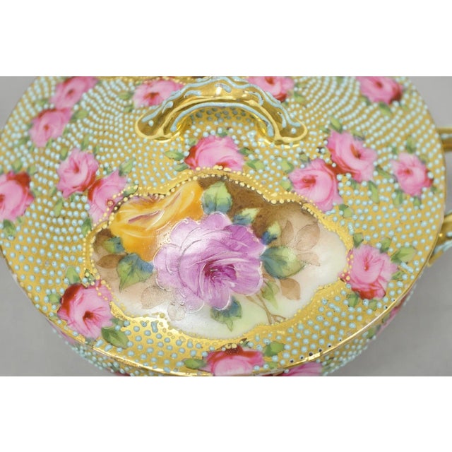 Antique Nippon Hand Painted Gold Gilt Porcelain Green Moriage Covered Sugar Bowl For Sale In Philadelphia - Image 6 of 16