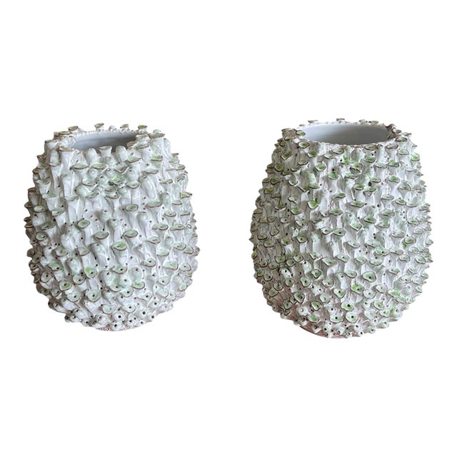 Pair of Vintage Italian Textured Sea Urchin Ceramic Studio Vases For Sale