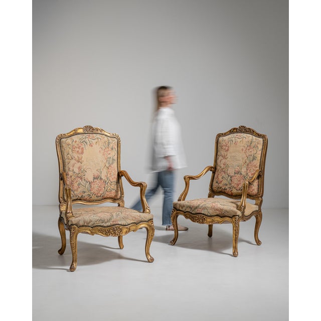 Pair of Louis XV Giltwood Armchairs with Tapestry Upholstery, Rococo Style, France, 19th Century For Sale - Image 12 of 12