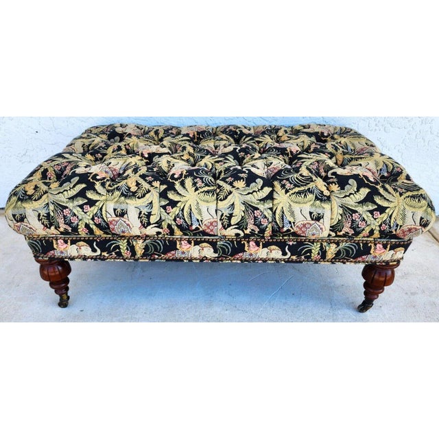 FOR FULL LISTING DETAILS CLICK "more" BELOW Oversized Ottoman Coffee Table Tufted Rolling on Brass Casters with Elephants,...