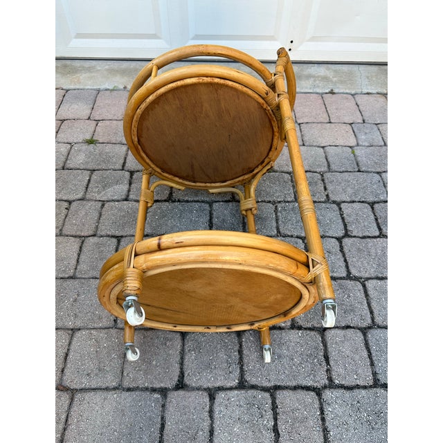 Mid 20th Century Italian Round Bamboo & Rattan Serving Bar Cart Trolley For Sale - Image 10 of 10