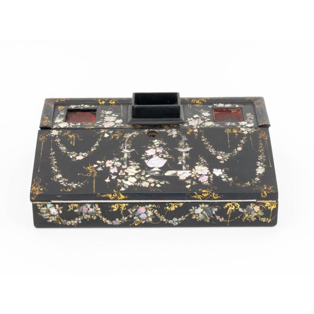 Victorian Mother-of-Pearl Inlaid Black Lacquered Papier Mache Writing Box, the folding top opening to red velvet writing...
