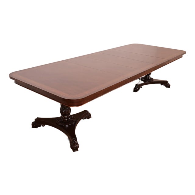 Baker Furniture Regency Banded Mahogany Double Pedestal Extension Dining Table, Newly Refinished For Sale