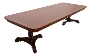 Baker Furniture Regency Banded Mahogany Double Pedestal Extension Dining Table, Newly Refinished