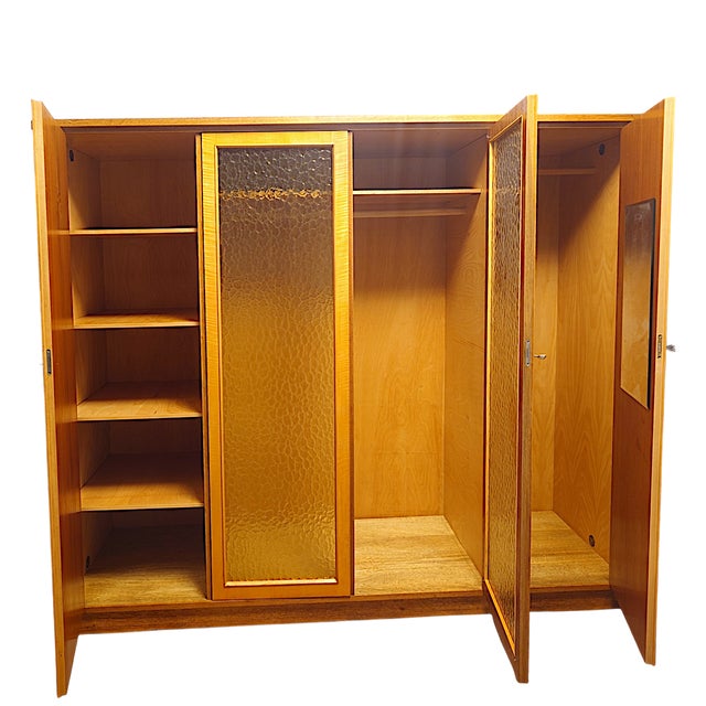 Mid-Century Modern Large Mid-Century Modern Wardrobe in Oak and Birch Veneer with Textured Glass Doors, East German, 1959 For Sale - Image 3 of 9
