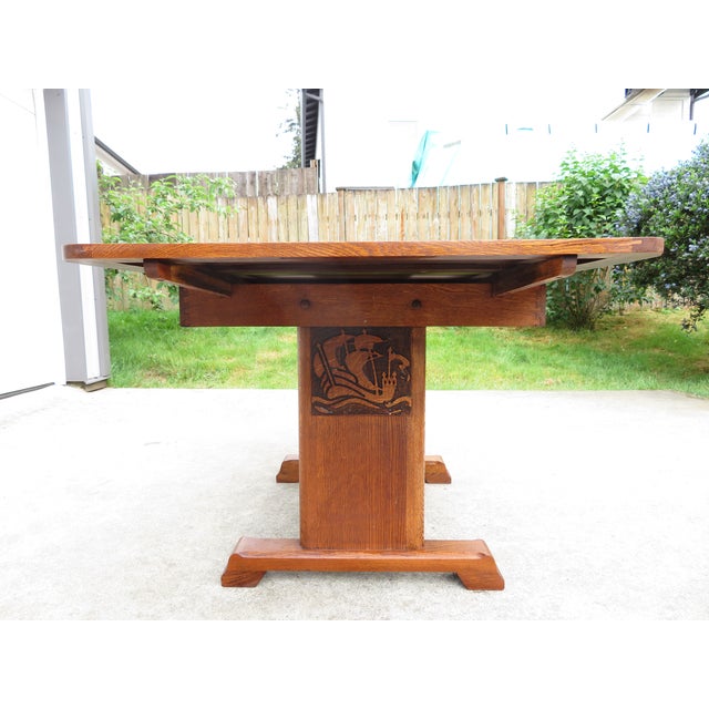 Antique Arts & Crafts Nautical Oak Draw Leaf Dining Table W/ Ship Carvings For Sale - Image 9 of 18