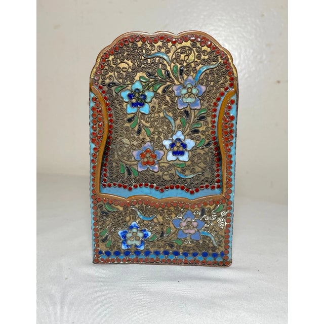 19th Century Rare Antique 1800's Handmade Russian Enamel Bronze Champleve Card Stand Holder For Sale - Image 5 of 11