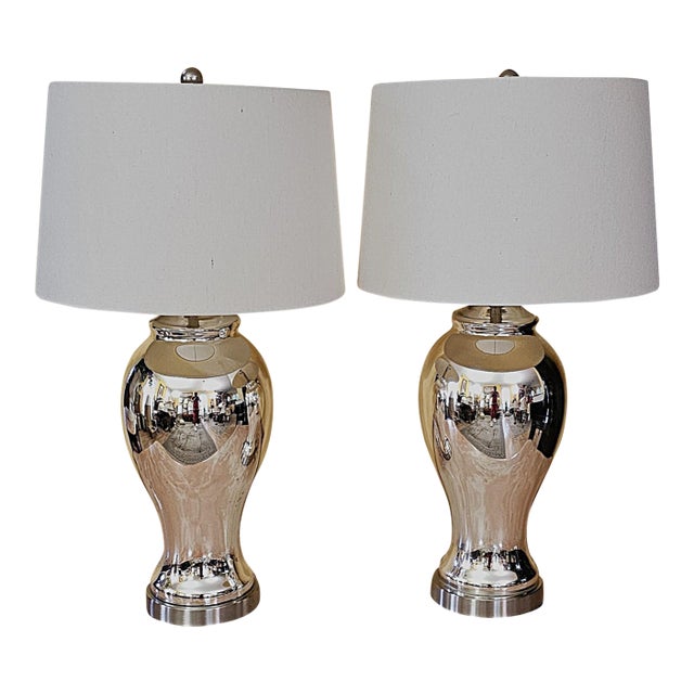 Pair of Vintage Mercury Glass Table Lamps With Light-Gray Drum Shades For Sale