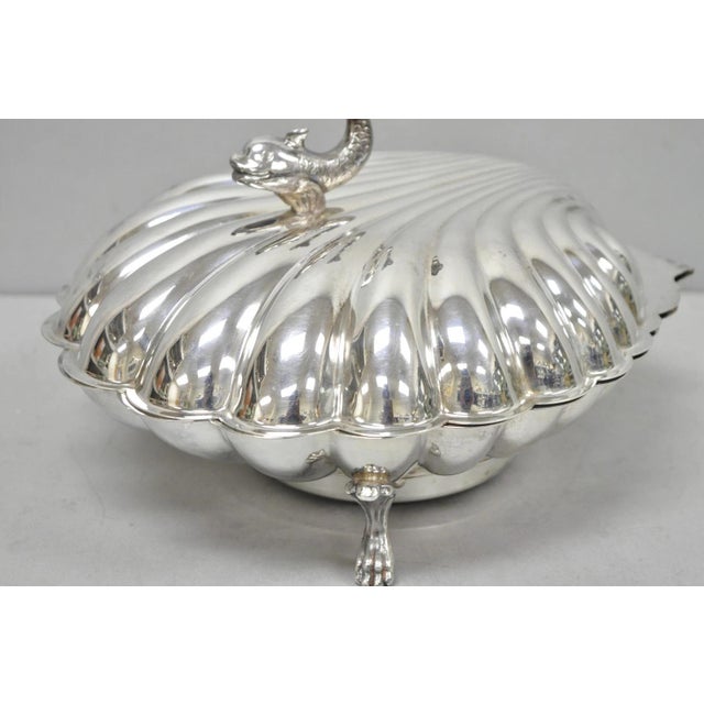 Vintage Eaton Silver Co Regency Silver Plated Clam Shell Warmer W Dolphin Handle For Sale In Philadelphia - Image 6 of 18