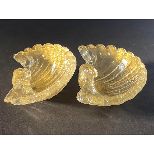 1950s Mid-Century Barovier & Toso Gold Fleck Scalloped Shell Bowls - a Pair For Sale - Image 10 of 13