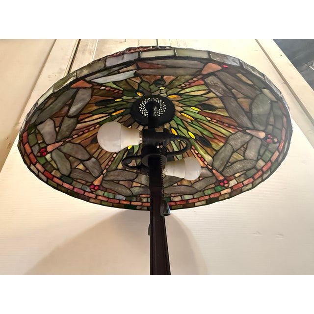 Green Mid 20th Century Tiffany Style Dragonfly Stained Glass Lamp For Sale - Image 8 of 10