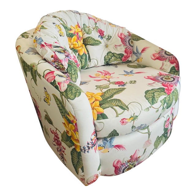 Vintage Swivel Chair Reupholstered in Brunswick and Fils Fabric For Sale