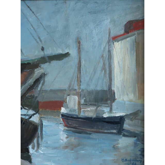 Blue 1953 Mid-Century Modern 'Harbour at Rest' Vintage Original Swedish Expressive Seascape Oil Painting, Framed For Sale - Image 8 of 11