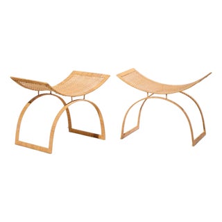 Harvey Probber Artisan Collection Mid Century Rattan Over Steel Stools - Pair For Sale