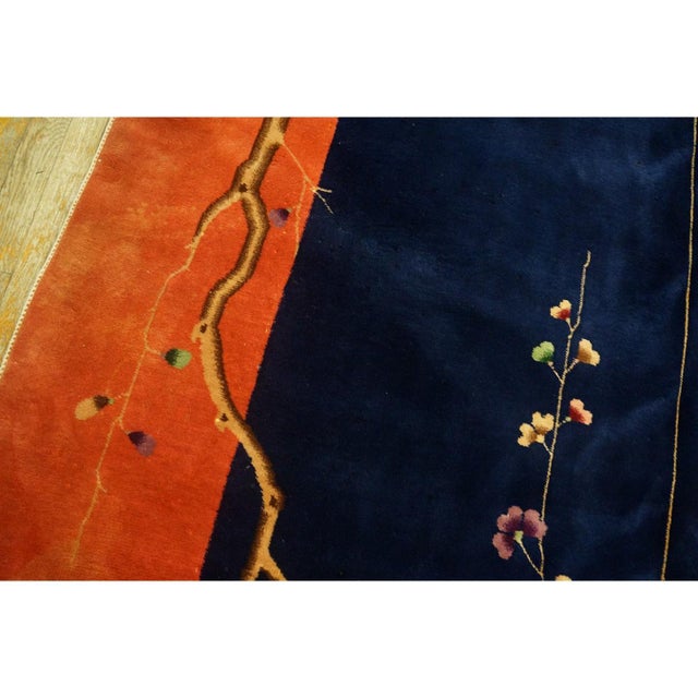 Art Deco 1920s Navy Blue Floral Minimalist Antique Chinese Art Deco Wool Rug 9' 8" X 14' For Sale - Image 3 of 8