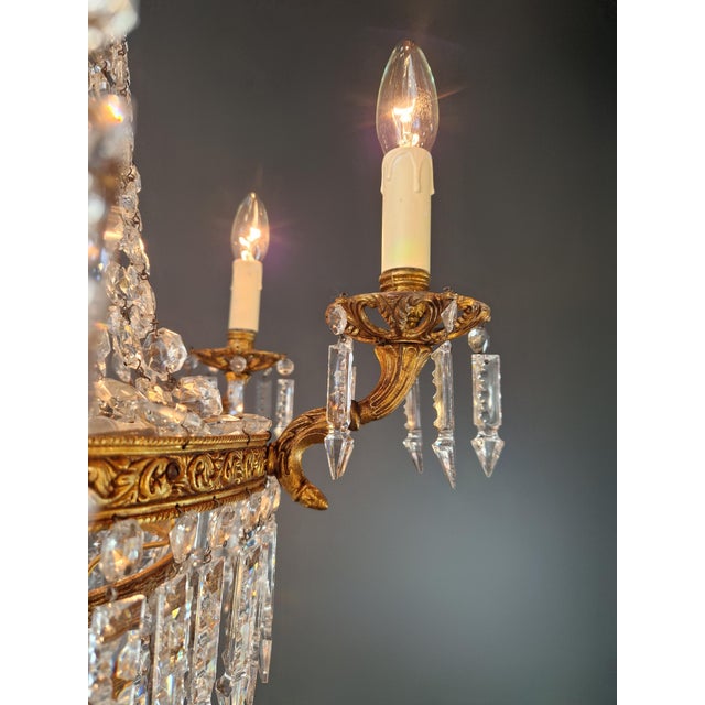 Metal Antique Italian Baroque Style Crystal Chandelier Brass Basket Form Restored For Sale - Image 7 of 10