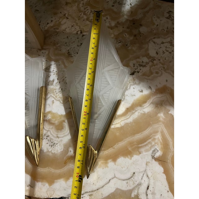 Art Deco 1970s Paris Flea Market, Art Deco Brass Sconces With Detailed Glass - Pair For Sale - Image 3 of 12