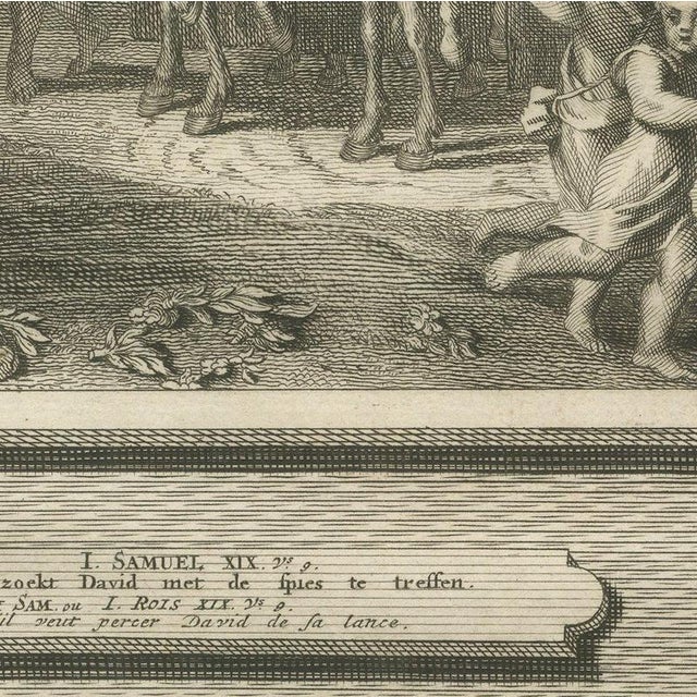 Pieter Mortier, Triumph of David and Saul Hurls His Spear at David, 1700, Engraving For Sale - Image 6 of 12